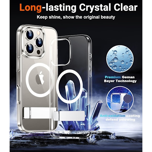 Magneettinen iPhone 16 Pro Max -kotelo, [Sisäänrakennettu näkymätön jalusta][Yhteensopiva MagSafe-tekniikan kanssa] [Sotilastason iskunkestävä] Ohut läpikuultava Clear-Stand for iPhone 16 Pro 6.3"