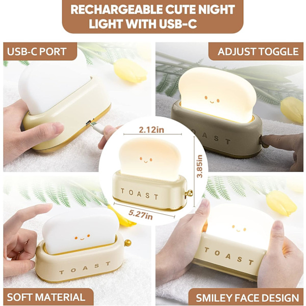 Søt Kawaii Toast Nattlampe for Skrivebordsdekorasjon Bord Baby Barnerom og Soveromsdekor Utsøkt Dimbar Oppladbar Toast Brødlys