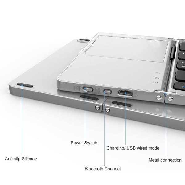 Tri-Fold Bluetooth-tastatur, Bluetooth bærbar mini trådløst tastatur med touchpad-mus - Hvid