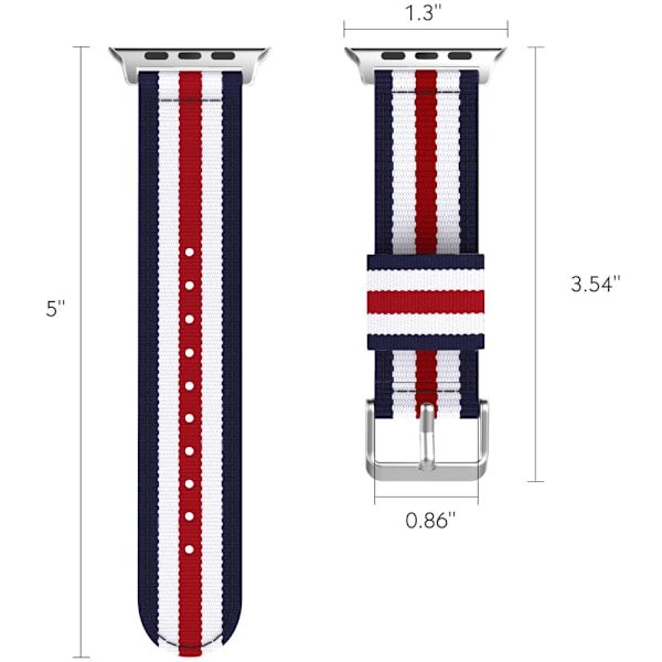 Apple Watch -yhteensopiva ranneke, hienosti kudottu nailonista valmistettu säädettävä vaihtoranneke urheiluranneke sopii -38 mm sininen, valkoinen, punainen, valkoinen ja sininen