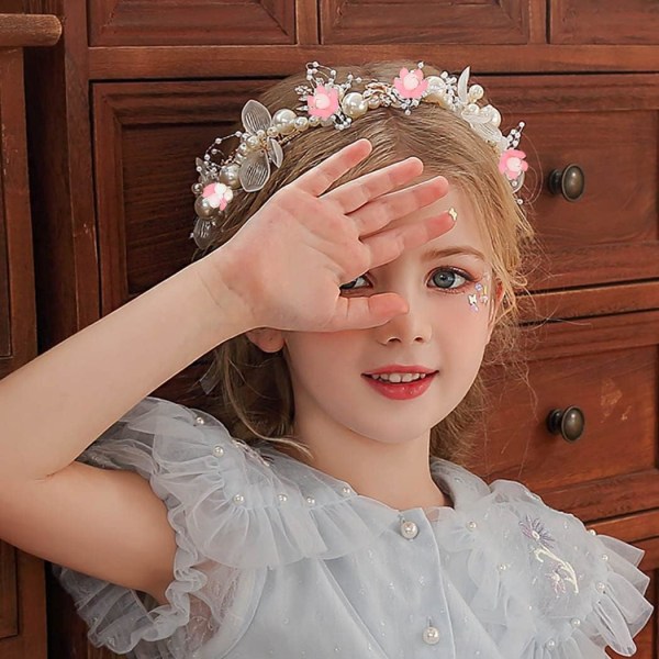Barnkrans, pannband, pannband, pärlkrona, flickprinsessa, huvudbonader i koreansk stil, accessoarer för blompojkar, Mori-stil (rosa)