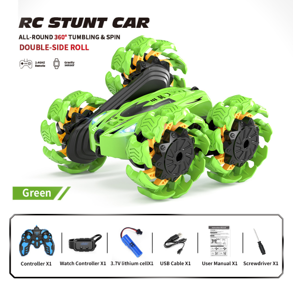 RC RC stuntbil för barn, 2,4 GHz, 4WD Gesture Sensor RC-bilar, explosionshjul, dubbelsidig 360°, present till pojkar och flickor (grön)