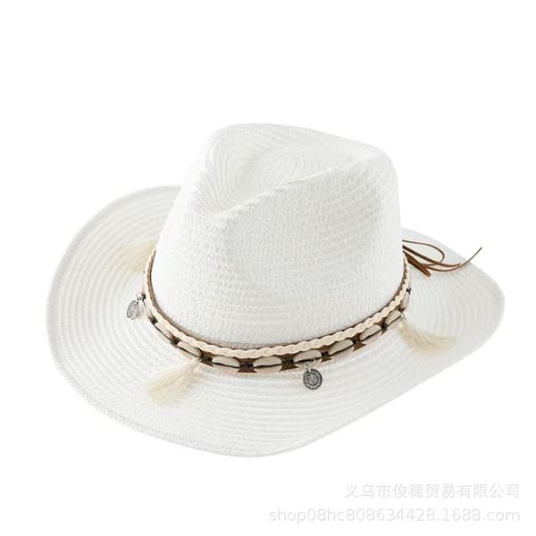 Cowboyhat til kvinder i strå, solhat, bredskygget strandhat i strå White