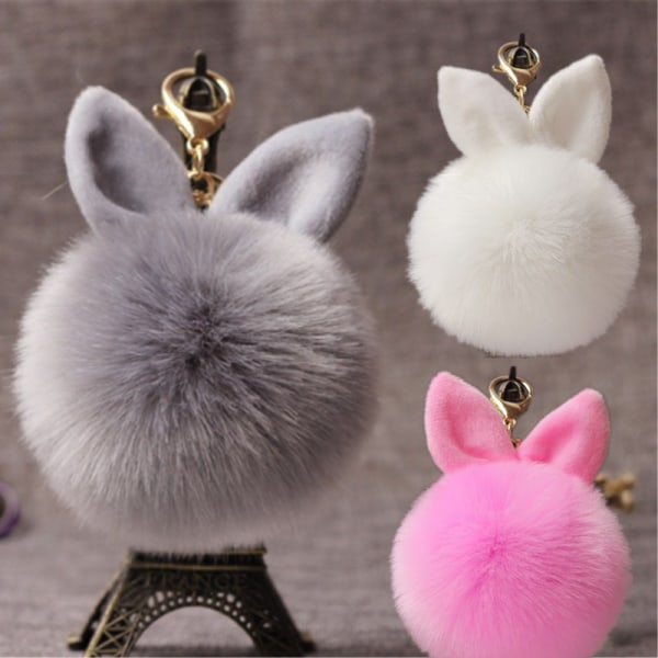 12 cm Kaninøre Pelsbold Taskecharms med Gylden Nøglering Pom Pom, Fluffy Pelsbold Nøglering til Bilnøgler, Charm Gave - Lilla