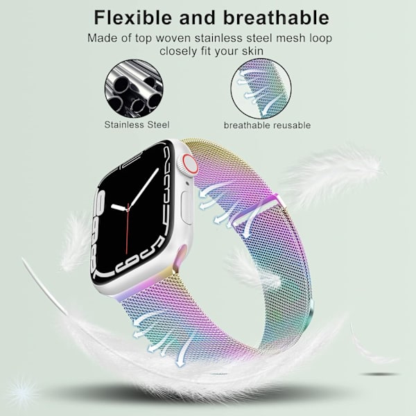 Rostfritt stål mesh loop magnetiskt spänne ersättning för iWatch band (41mm/40mm/38mm, Regnbåge).