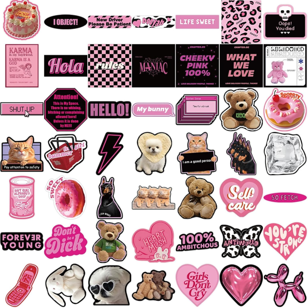 55 delar Kawaii, svart & rosa tema, vattentät | Klistermärken för barn, flickor, tonåringar, bärbar dator, vattenflaska, cyklar, motorcykelskateboards