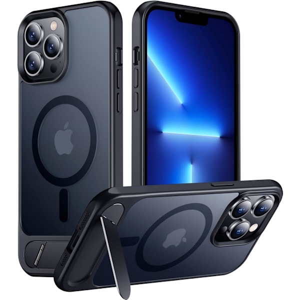 Magneettinen iPhone 16 Pro Max -kotelo, [Sisäänrakennettu näkymätön jalusta][Yhteensopiva MagSafe-tekniikan kanssa] [Sotilastason iskunkestävä] Ohut läpikuultava Black iPhone 13 Pro Max