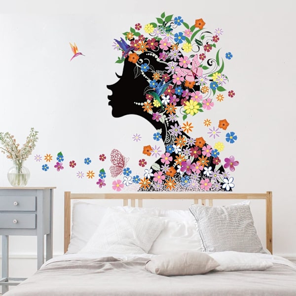 Svart flicka väggklistermärke färgglada blommor väggdekal vacker älva flicka väggklistermärken avtagbar fjäril väggdekal DIY skala och klistra väggmålning