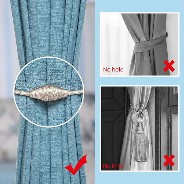 Pakkaus magneettiset verhonpitimet käsintehty kudottu köysi kätevä ja koristeellinen kodin ja toimiston ikkunaan (beige)