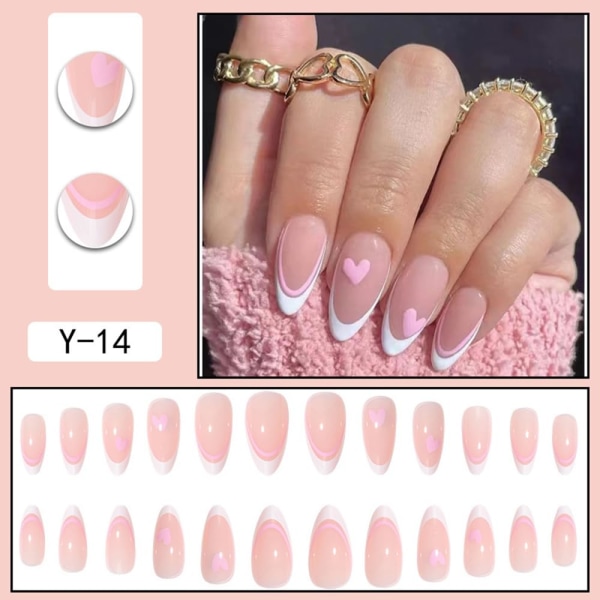 Press on Nails Medium Mandel falska naglar med rosa kärlekshjärta Design blanka lösnaglar Akrylnaglar Vita franska spetslim på naglar 24st