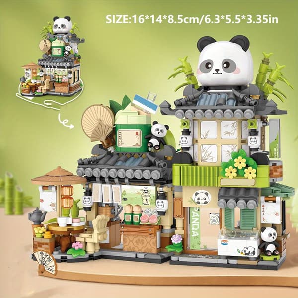 Cute Mini Building Blocks with City Street Motif - Panda Teahouse and Bear Cafe Set | Creative Construction, Architecture Set