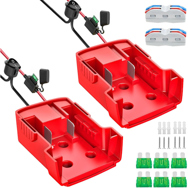 2 kappaletta teholaitteen adapteria Milwaukee 18 V akulle, akkuadapteri, Dock Power Connector 14 AWG sulakkeella ja kytkimellä