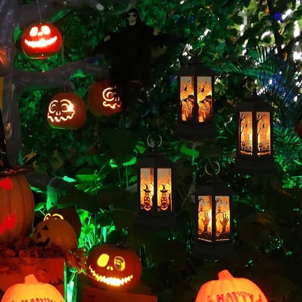 4 dele Halloweenlygte LED-dekoration Hængende lyslygte Græskar Krage Heks Spøgelse Håndmønster