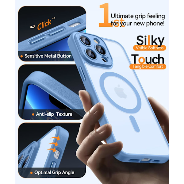 Magneettinen suojakotelo iPhone 16 Pro Maxille täydellä kamerasuojauksella [Yhteensopiva Magsafen kanssa] [Puoliksi läpikuultava matta] Suojaava puhelinkotelo, matta musta Light Blue iPhone 13 Pro Max