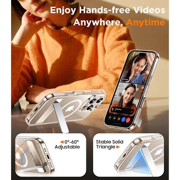Magneettinen iPhone 16 Pro Max -kotelo, [Sisäänrakennettu näkymätön jalusta][Yhteensopiva MagSafe-tekniikan kanssa] [Sotilastason iskunkestävä] Ohut läpikuultava Clear-Stand for iPhone 16 Pro Max 6.9"
