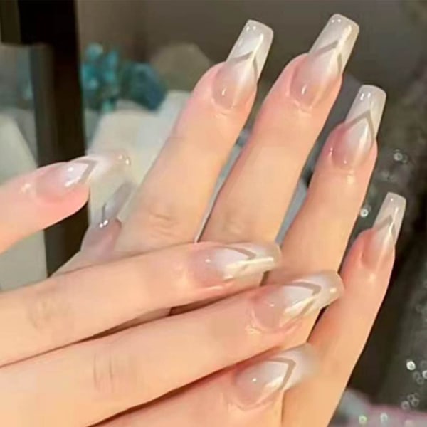 Vit tryck på naglar Långa falska naglar Akrylkista False Nails Prom Naglar Dam Naglar Falska Naglar för Nagel Kvinnor och Flickor -24st