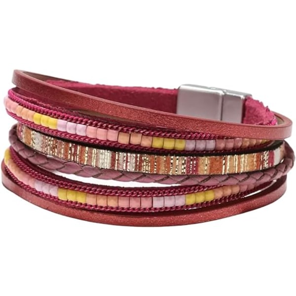 Boho Charm Wrap Armband för Kvinnor, Handgjorda Tassel Sten Kristall Pärlad Läder Design Magnetisk Spänne Bohemian Armband