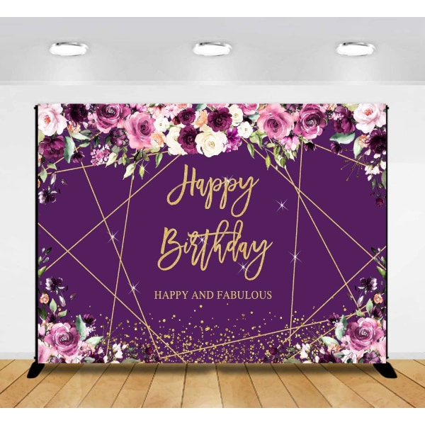 Violetti Kukkainen Kultainen Hyvää Syntymäpäivää Tausta Glitter Sparkle Geometrinen Linja Kultainen Pisteet Tausta Bday Juhlatarvikkeet Banneri 7x5ft