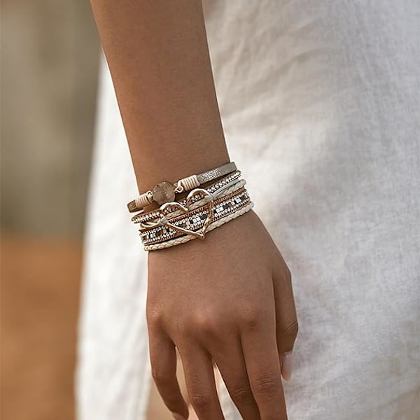 Leopard Armbånd for Kvinner, Boho Lær Wrap Multi-Layer Perle Krystall Armbånd Bangel Smykker