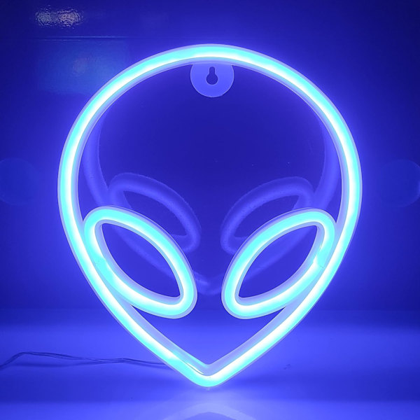 Alien Neon-skilt, USB eller 3-AA batteridrevet Neon-lys, LED-borddekorasjon, soveromsveggdekorasjon, bursdagsgave (blå)