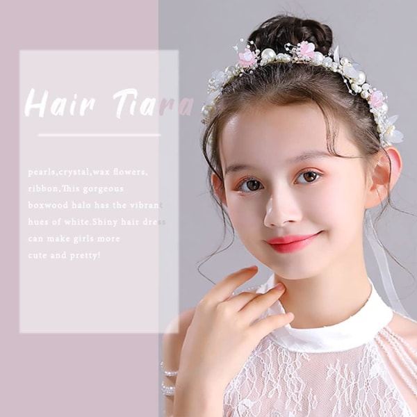 Barnkrans, pannband, pannband, pärlkrona, flickprinsessa, huvudbonader i koreansk stil, accessoarer för blompojkar, Mori-stil (rosa)