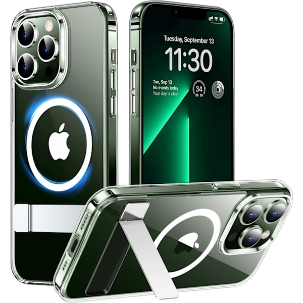 Magnetiskt kompatibel med iPhone 16 Pro Max-fodral, [Inbyggt osynligt stativ][Kompatibelt med MagSafe] [Militärklass stöttåligt] Smalt genomskinligt Clear-Stand iPhone 13 Pro Max