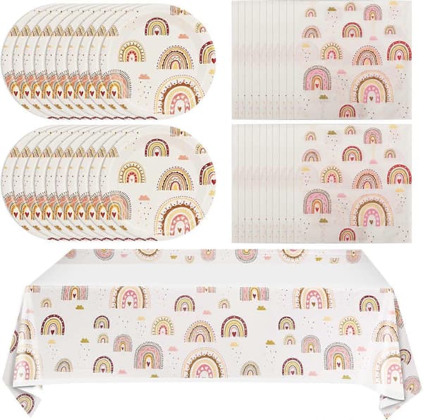 Boho Regnbue Festutstyr Boho Regnbue Babyshower Servisesett Inkludert Papirtallerkener Servietter Duk til Boho Bursdagsfest Baby