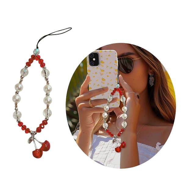 Bärbar handgjord körsbärsberlock pärlad telefonrem Mångsidig modeaccessoar för väskor och plånboksdekoration red white cherries