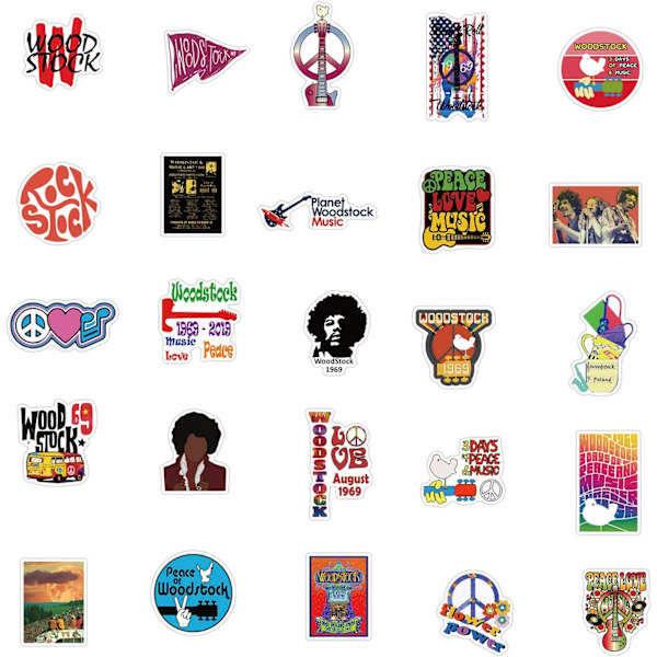 Woodstock Festival Stickers - 50 st tecknade vattentäta dekaler DIY för festtillbehör PVC-dekoration för bärbar dator gitarr present till tonåringar familj vänner