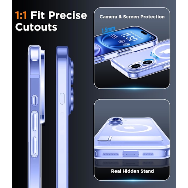 Magneettinen iPhone 16 Pro Max -kotelo, [Sisäänrakennettu näkymätön jalusta][Yhteensopiva MagSafe-tekniikan kanssa] [Sotilastason iskunkestävä] Ohut läpikuultava Clear-Stand for iPhone 16 Plus 6.7"
