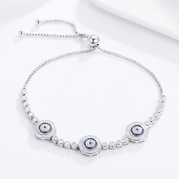 Damer Evil Eye Beskyttelses Armbånd 925 Sterling Sølv Hvitgullbelagt Justerbare Armbånd