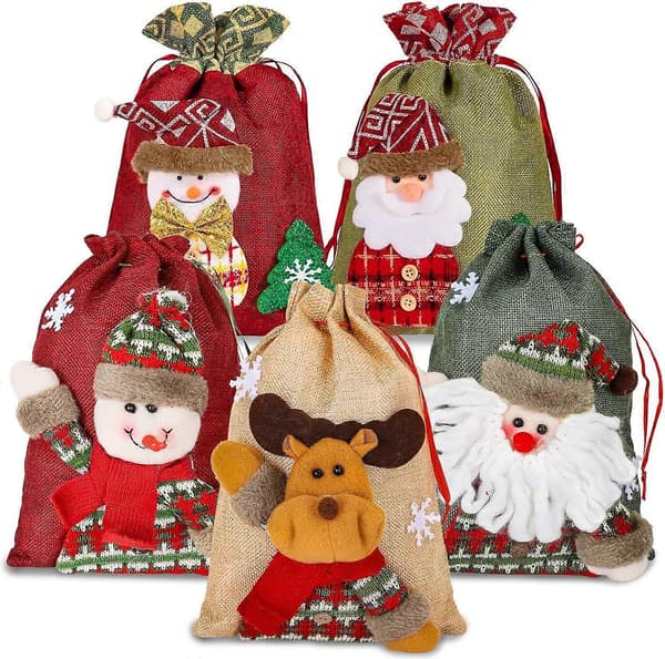 5-pack 3D julklapps- och festpåsar, snögubbedesign, dragskopåsar 20x28cm + 20x30cm, röda julgodispåsar