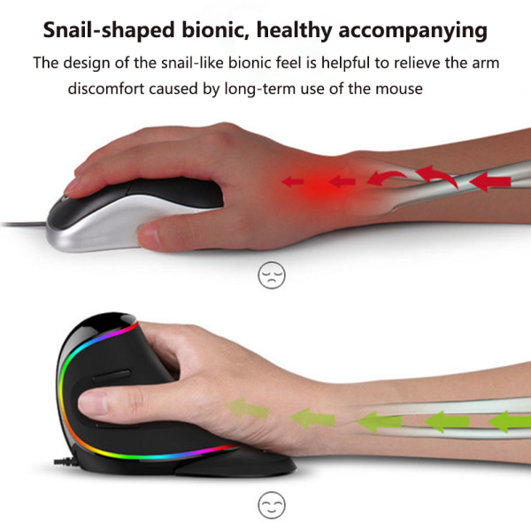 Trådløs vertikal mus ergonomisk optisk mus med justerbar DPI, 6 knapper og avtakbart håndleddstøtte for PC-datamaskin bærbar PC-kablet RGB