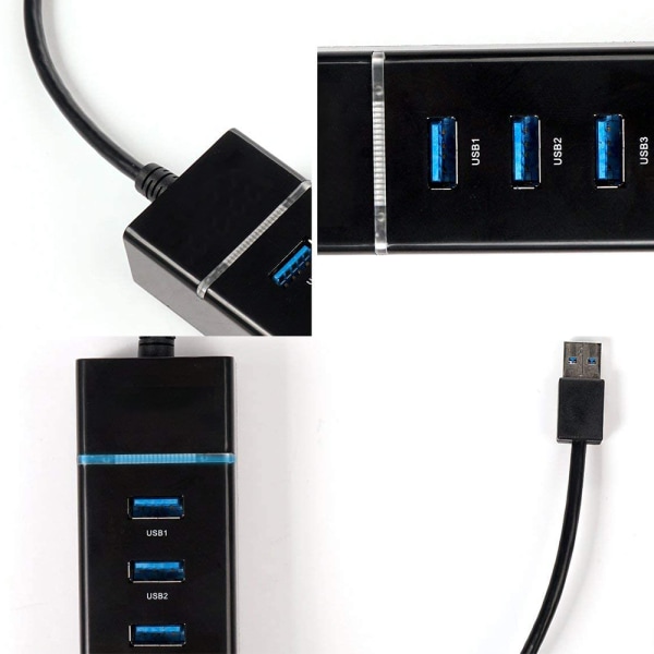 USB Hub 4 portar USB 3.0 C HUB Super Speed ​​Data Hub kompatibel med Windows, Mac OS, Linux, Macbook, Laptop, Notebook-svart