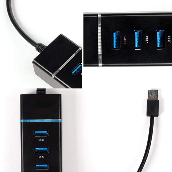 USB Hub 4 porte USB 3.0 C HUB Super Speed Data Hub kompatibel med Windows, Mac OS, Linux, Macbook, Laptop, Notebook-sort
