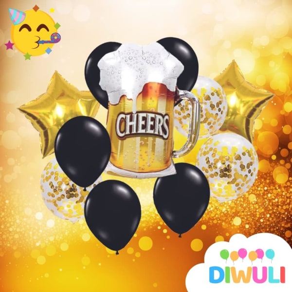 Ölballongset Guld - Ölpartydekorationer CHEERS, Ölmuggsdekorationer, Öltemafestdekorationer för herrars födelsedagsfest