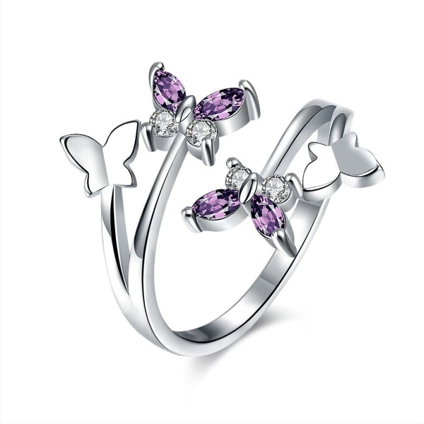 Women's Adjustable Size 925 Sterling Silver Butterfly White Birthstone CZ Butterfly Shape Purple Austrian Crystals Rings