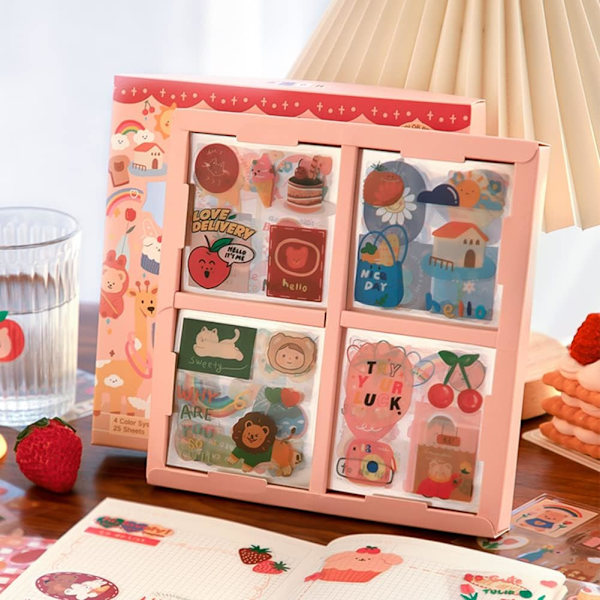 Kawaii tegneseriepige klistermærker til journalføring - 100 ark søde PET gennemsigtige scrapbooking-klippede klistermærker gaveæske til kalendere, notesbog