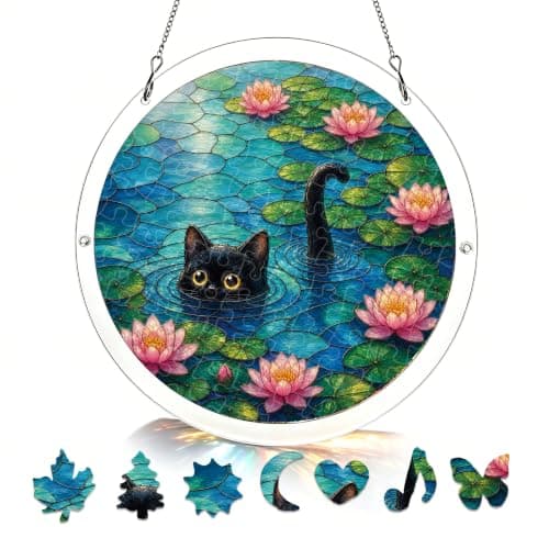 Lotus Black Cat Acrylic Puzzle Suncatcher, 83 Pieces DIY Decor