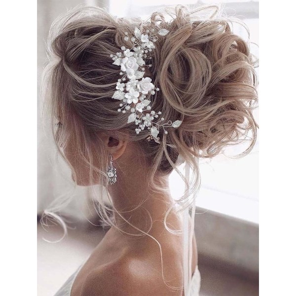 White Soft Pottery Flower Silver Alloy Leaf Bridal Wedding Handmade Headwear Hair Ornament(Silver)