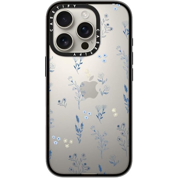 Kompakti iPhone 16 Pro Max -kuori [Kevyt / 1,2 m 2X sotilastason pudotussuoja / Ohut] - Kirsikat - Kirkas Musta Small Blue Flowers iPhone 16 Pro