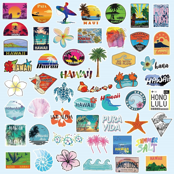 100 stk. vandtætte Hawaii-klistermærker, sommer Aloha strand vinyl-klistermærker til bagage, bærbar computer, Hydroflask vandflasker, Hawaii-klistermærker til teenagere og voksne