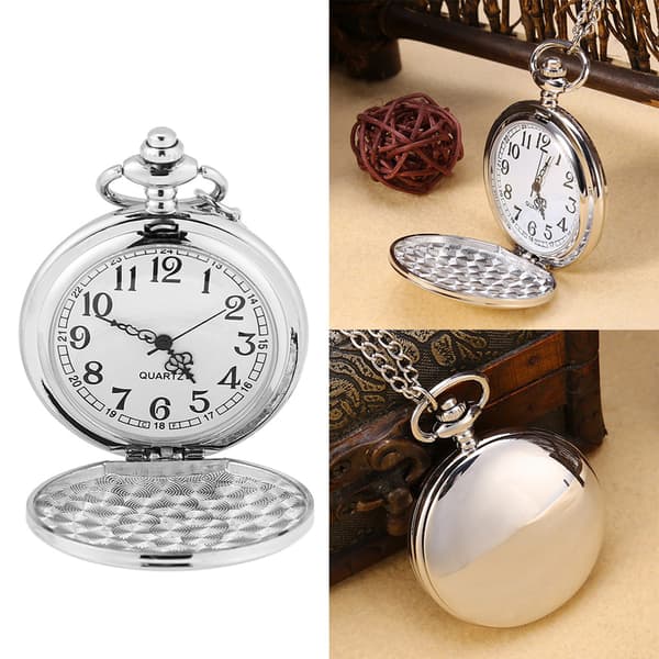 Classic Quartz Analog Smooth Pocket Watch Necklace Pendant with Chain Silver