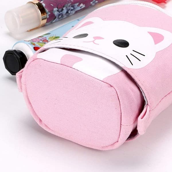 Practical Cosmetic Organizer, Customizable Canvas Material, Cute Cat-Themed Pencil Case, Standing Pencil Pouch with Telescopic Design and Zipper