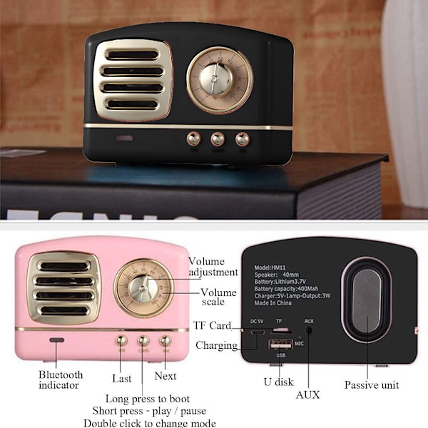 Bärbar Bluetooth Retro Högtalare, Trådlös Mini Retro Högtalare, Rik Bas, Stereo, Inbyggd Mikrofon-svart