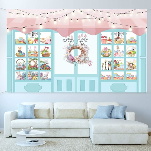 Happy Easter Bakgrunn Banner Vindu Skjerm Kaniner Fargerike Egg Fotografi Bakgrunn for Barn Nyfødt Banner Portrett Fotoboks Rekvisitter
