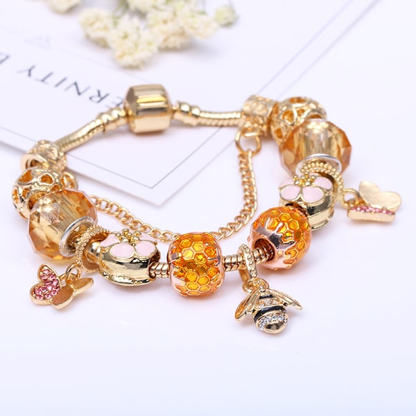 Tegneserie-tema Pink Charms Armbånd, Passer til Pandora, Kvindernes DIY Smykker-Bee（19 cm/7,5 in）