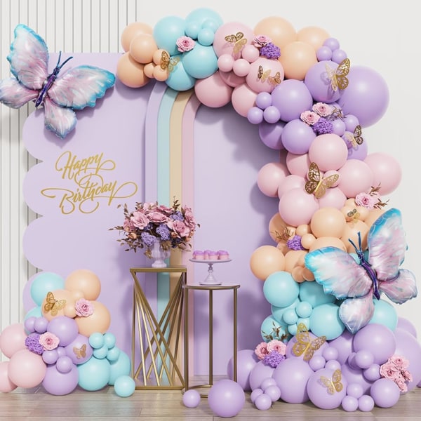 Butterfly Birthday Decorations 150pcs Purple Pink Butterfly Pastel Balloon Garland Arch Kit with Butterfly Stickers for Decorations