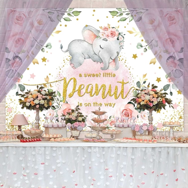 Babyflicka Elefant Baby Shower Bakgrund Rosa Blommig Söt Bakgrund Rosa Elefant Foto Banner för Festdekorationer 7x5ft