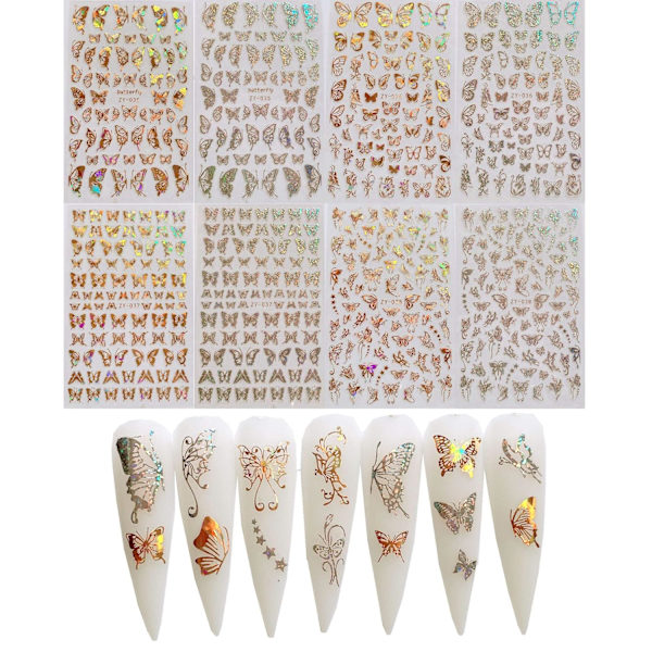 Nail Angel 8 Nail Art Stickers Olika Laser Guld och Silver Fjärilsform Nagel Dekoration 10238